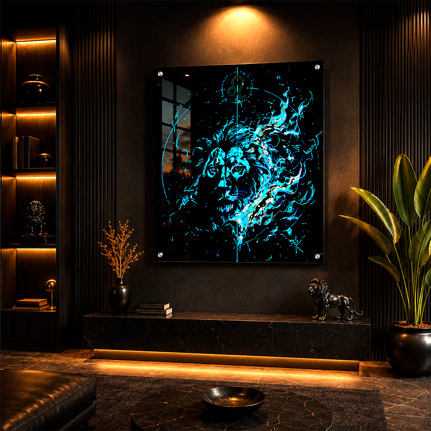 Acrílico Fine Art Leo Espectral en perspectiva decorativa con león de energía azul luminosa inspirado en el signo Leo