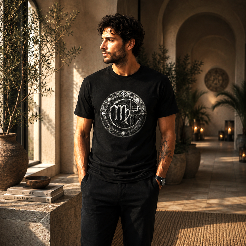 Hombre vistiendo camiseta negra Virgo Áureo con diseño geométrico plateado en ambiente mediterráneo contemporáneo