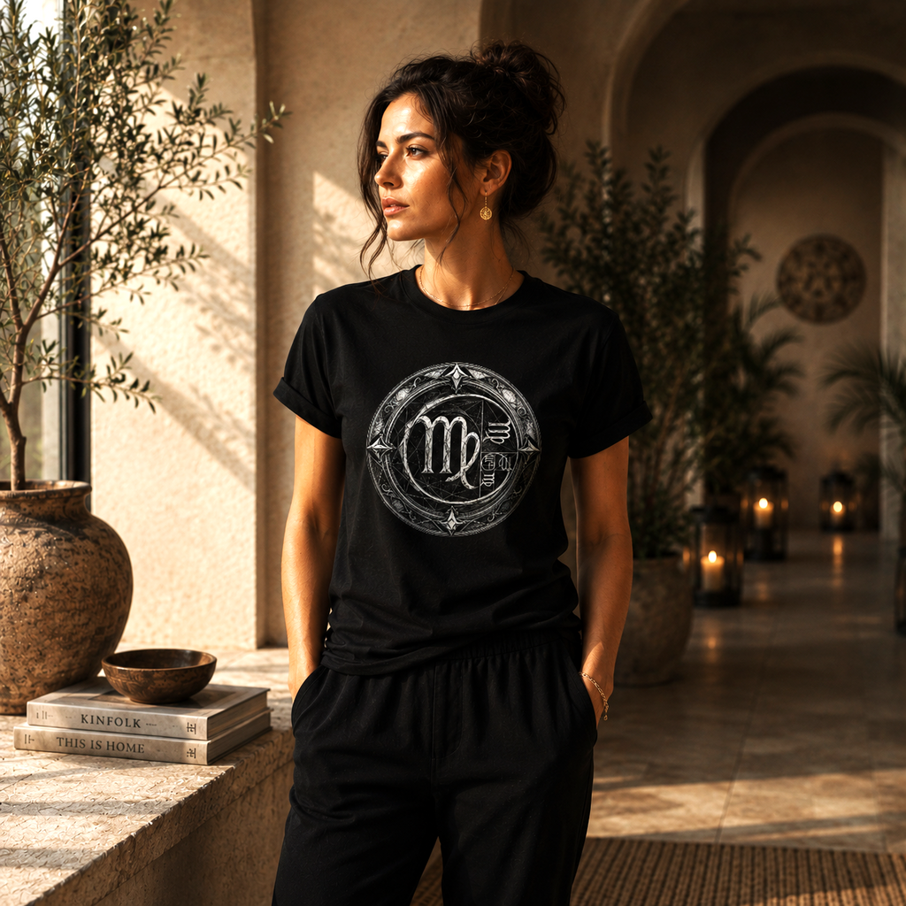 Modelo femenino con camiseta negra Virgo Áureo de Astrálisis en escenario minimalista de inspiración mediterránea
