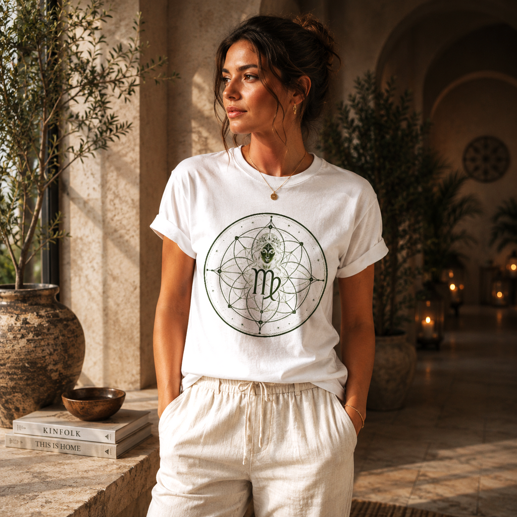 Mujer vistiendo camiseta blanca Virgo Ciclos con diseño geométrico verde inspirado en la naturaleza y la geometría sagrada