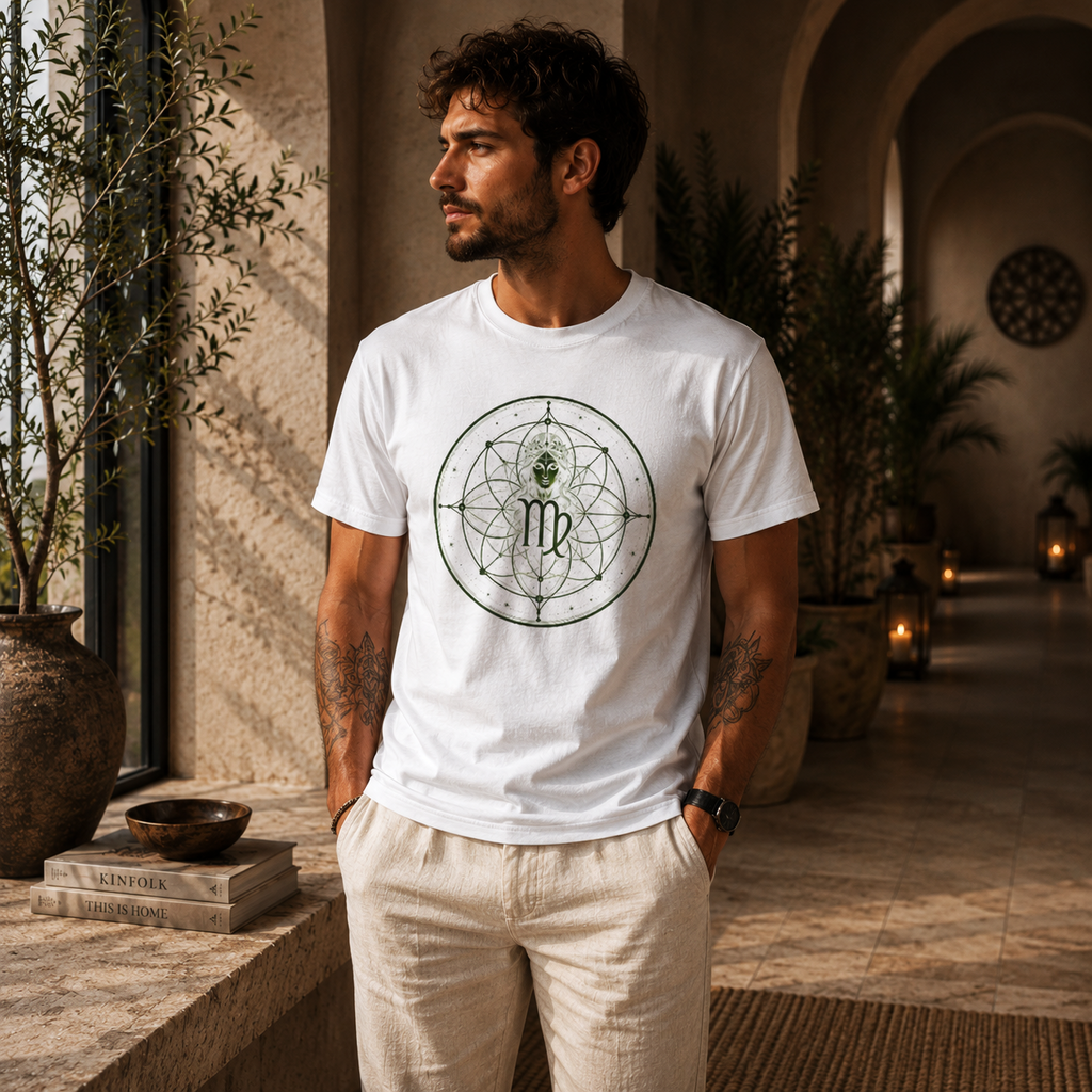 Hombre con camiseta blanca Virgo Ciclos de Astrálisis en ambiente mediterráneo contemporáneo