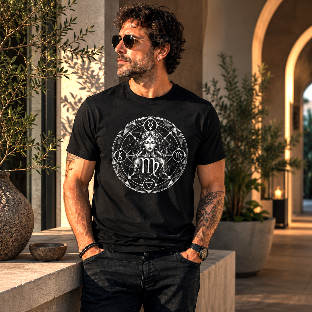 Hombre con camiseta negra Virgo Geométrico de Astrálisis y diseño exclusivo de geometría sagrada