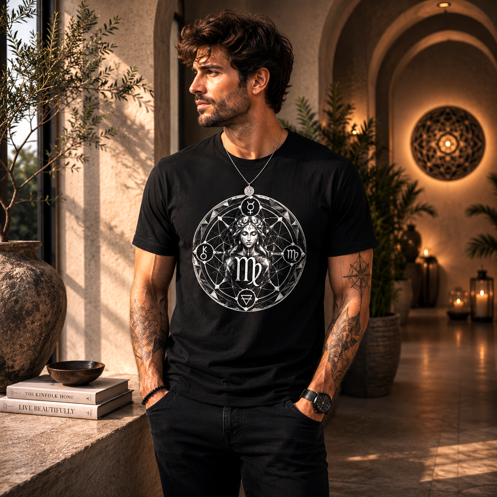 Modelo masculino con camiseta negra Virgo Geométrico de Astrálisis en escenario minimalista.