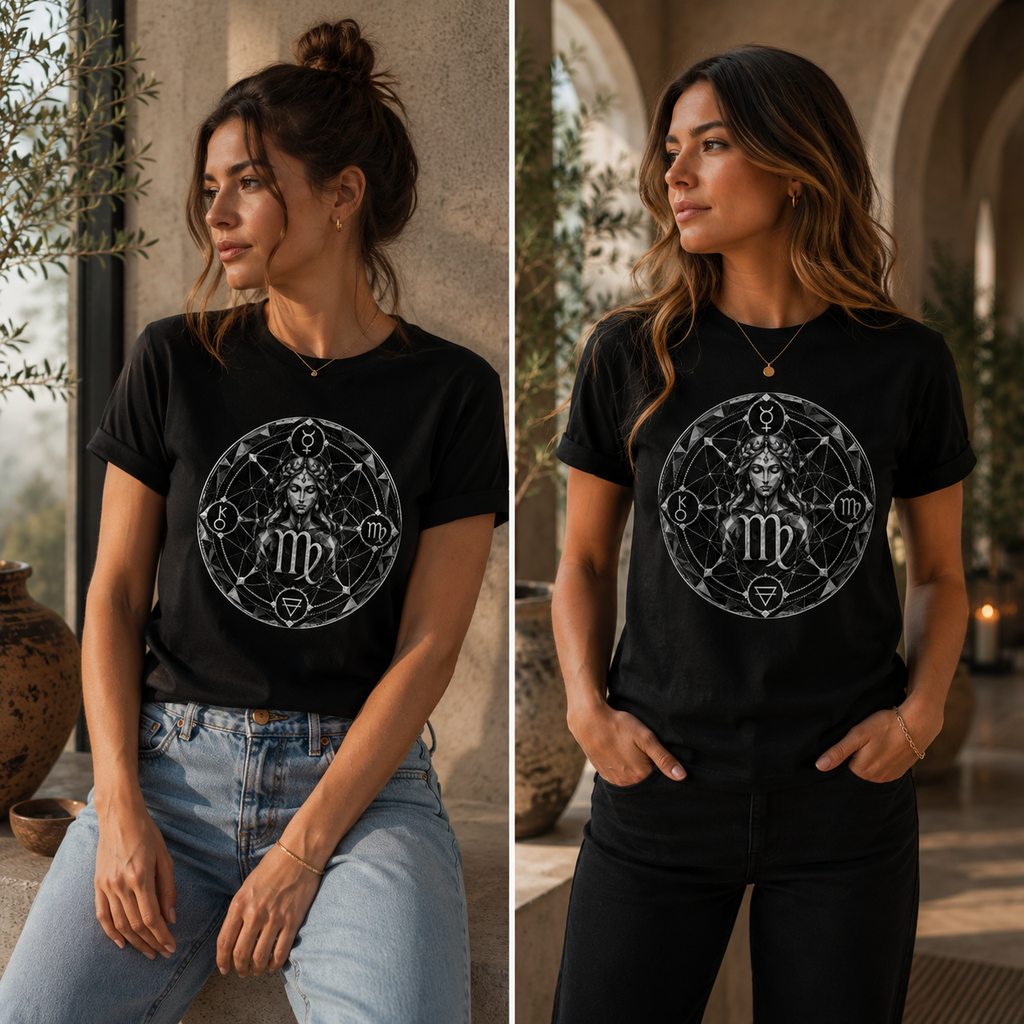 Modelos femeninos con camiseta negra Virgo Geométrico en ambiente cálido de inspiración mediterránea