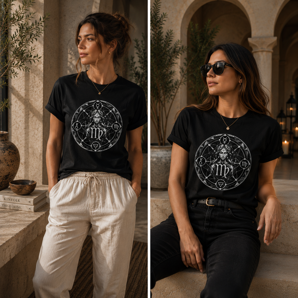 Mujeres vistiendo camiseta negra Virgo Geométrico con diseño de geometría sagrada en ambiente mediterráneo contemporáneo