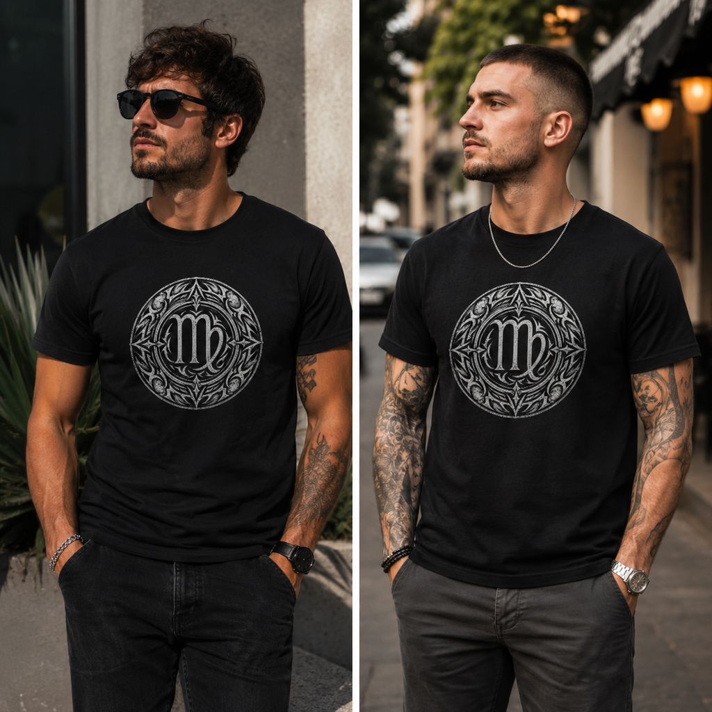 Hombres vistiendo camiseta negra Virgo Tribalista con diseño tribal inspirado en el símbolo zodiacal de Virgo