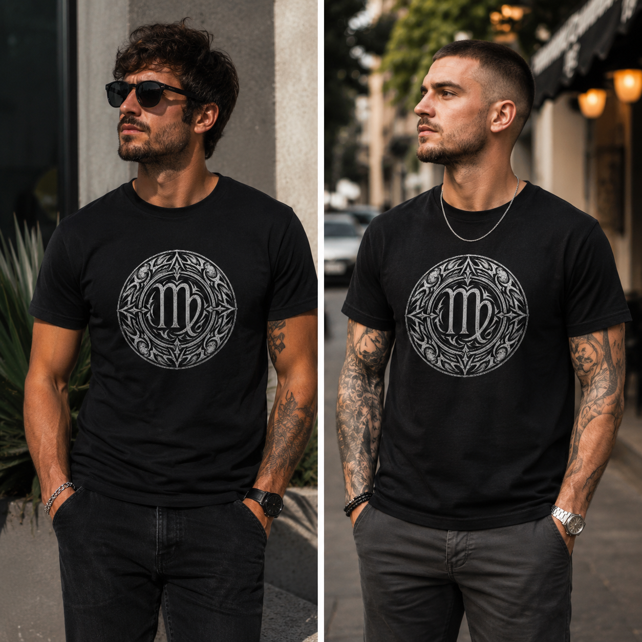 Hombres vistiendo camiseta negra Virgo Tribalista con diseño tribal inspirado en el símbolo zodiacal de Virgo