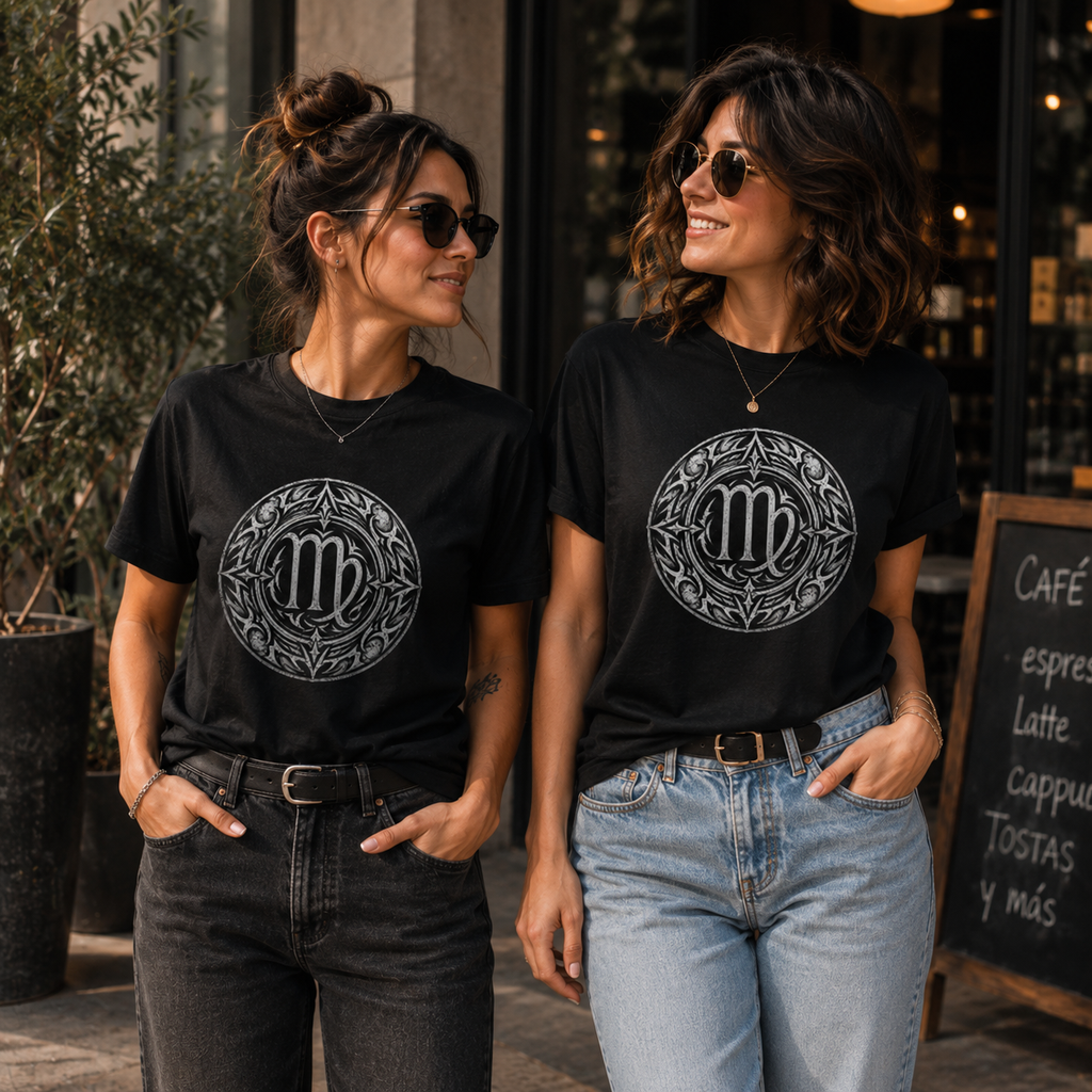 Dos Mujeres vistiendo camisetas negras Virgo Tribalista con diseño tribal exclusivo de Astrálisis
