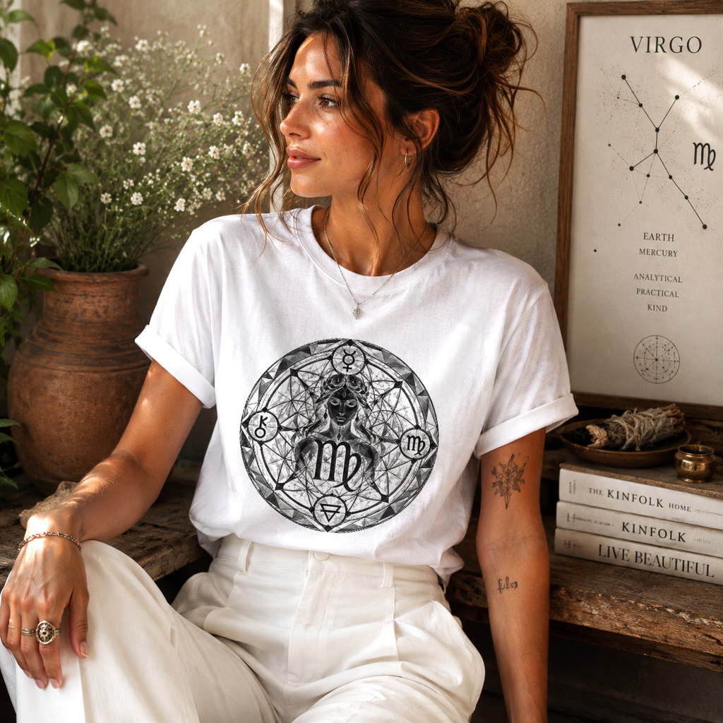Mujer vistiendo camiseta blanca Virgo Geométrico con diseño inspirado en geometría sagrada y el símbolo zodiacal de Virgo