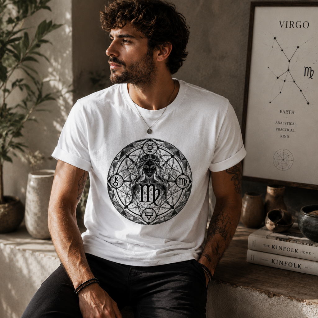 Hombre con camiseta blanca Virgo Geométrico de Astrálisis en ambiente mediterráneo contemporáneo
