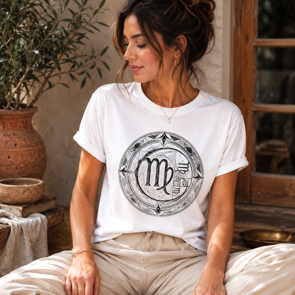 Mujer vistiendo camiseta blanca Virgo Áureo de Astrálisis en un ambiente mediterráneo elegante