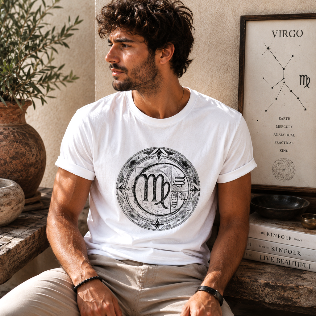 Hombre con camiseta blanca Virgo Áureo y diseño exclusivo inspirado en la proporción áurea
