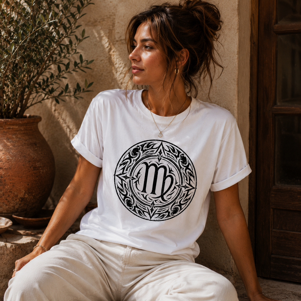 Mujer vistiendo camiseta blanca Virgo Tribalista de Astrálisis en ambiente mediterráneo elegante