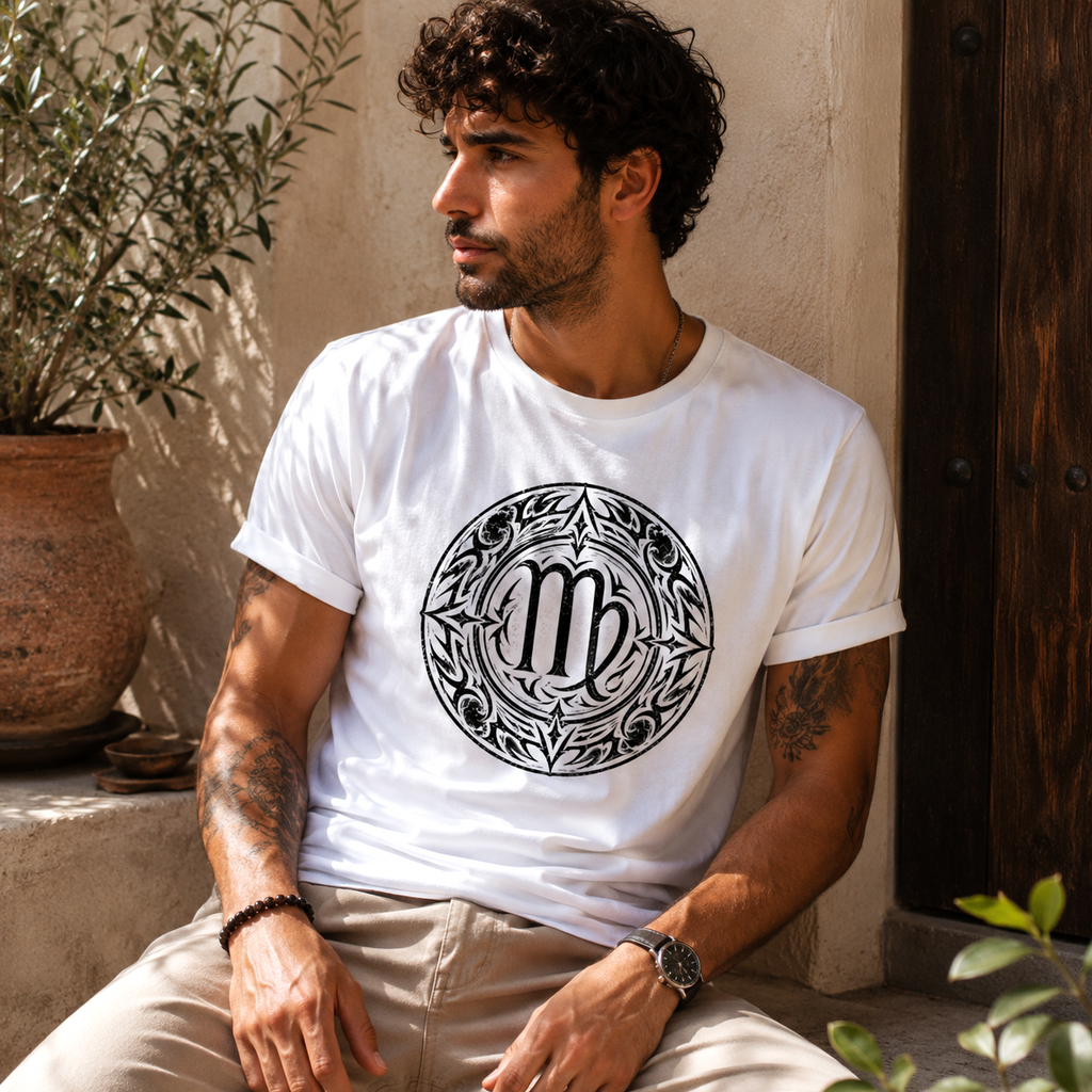 Hombre con camiseta blanca Virgo Tribalista y diseño tribal inspirado en Virgo
