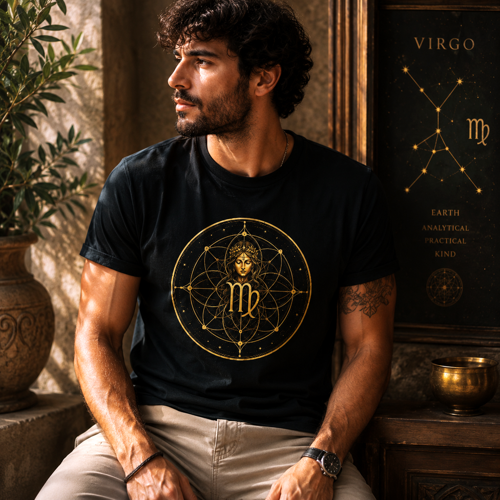 Hombre vistiendo camiseta negra Virgo Ciclos con diseño geométrico dorado inspirado en la astrología y los ciclos naturales
