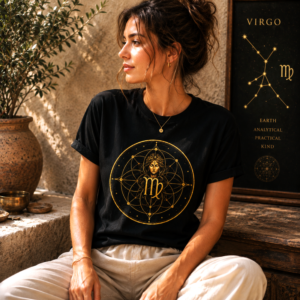 Mujer con camiseta negra Virgo Ciclos de Astrálisis en ambiente mediterráneo elegante