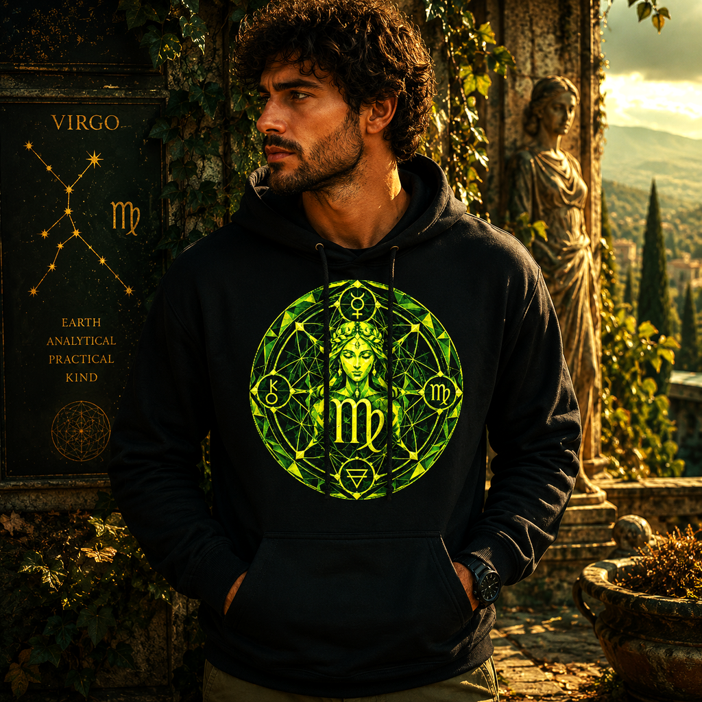 Hombre vistiendo hoodie negro Geometría Virgo de Astrálisis con diseño de geometría sagrada y símbolo de Virgo