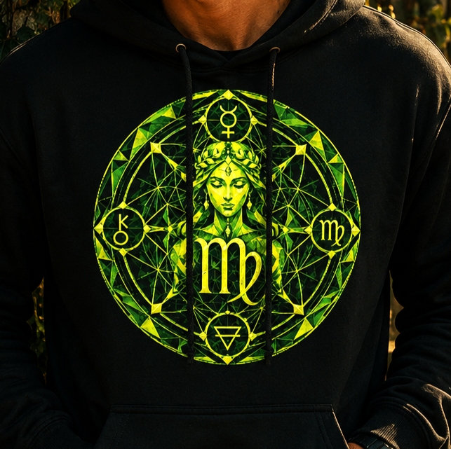 Primer plano del hoodie negro Geometría Virgo con ilustración geométrica inspirada en el signo zodiacal de Virgo