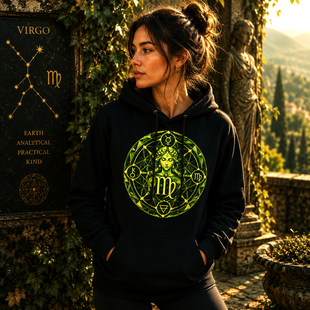 Mujer con hoodie negro Geometría Virgo luciendo un diseño contemporáneo inspirado en la astrología y la naturaleza
