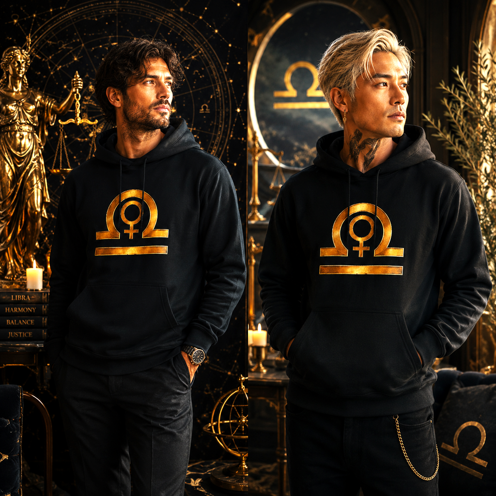 Modelos vistiendo Hoodie Negro Libra Símbolos de la colección Astrálisis