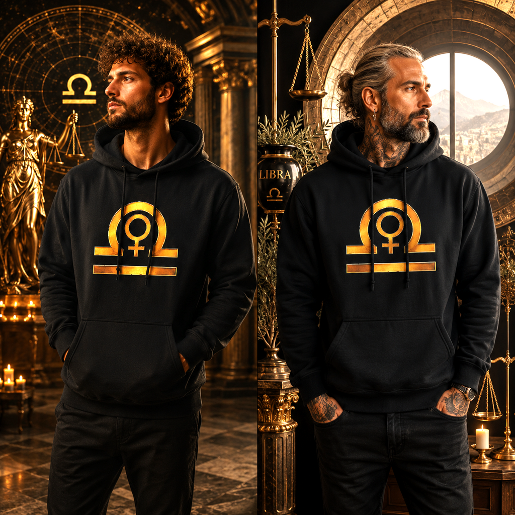 Dos hombres con Hoodie Negro Libra Símbolos y diseño dorado de Astrálisis