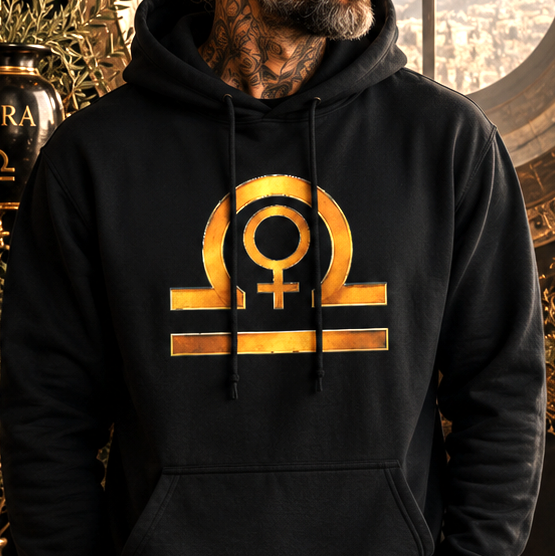 Detalle frontal del Hoodie Negro Libra Símbolos con emblema dorado