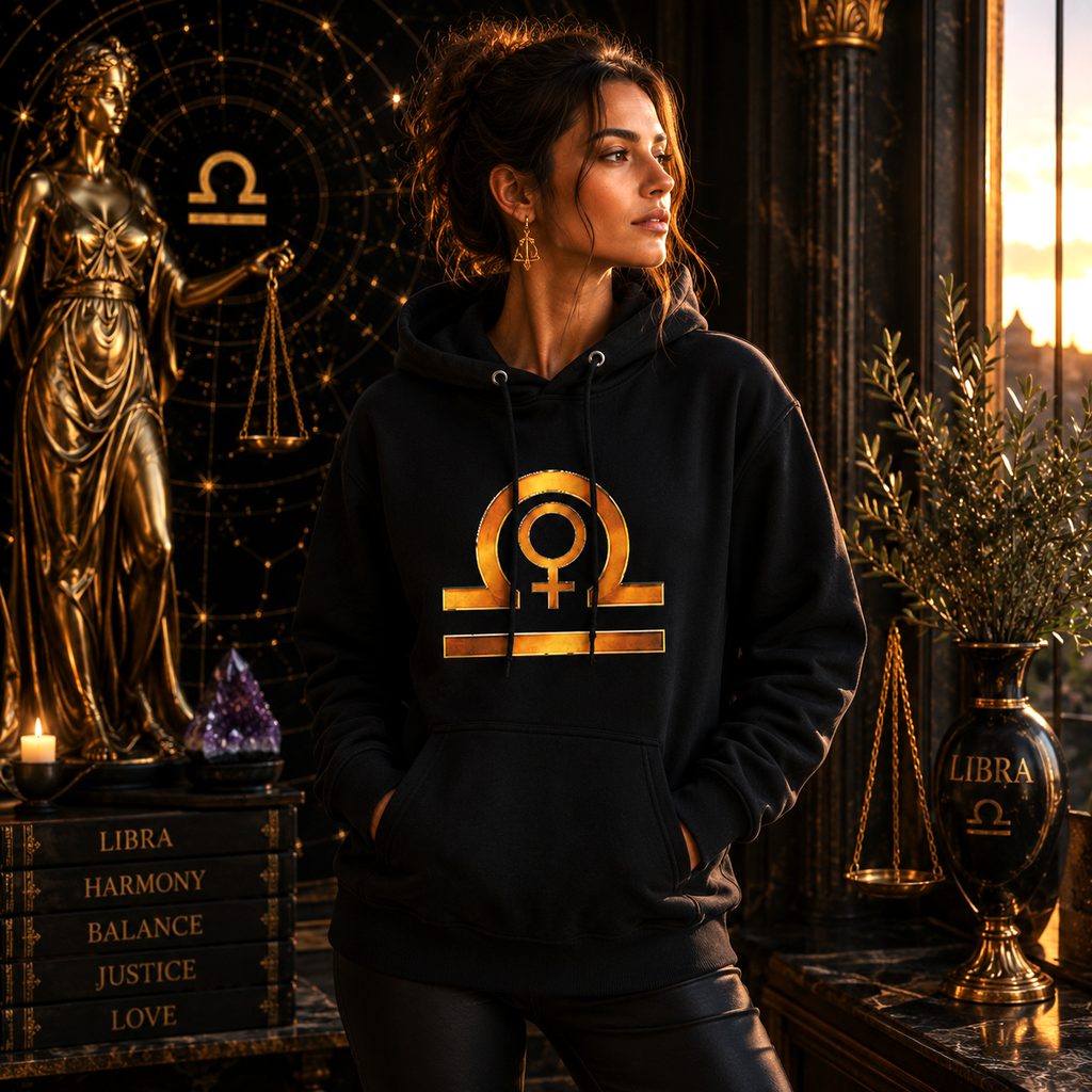 Mujer vistiendo Hoodie Negro Libra Símbolos con diseño zodiacal dorado