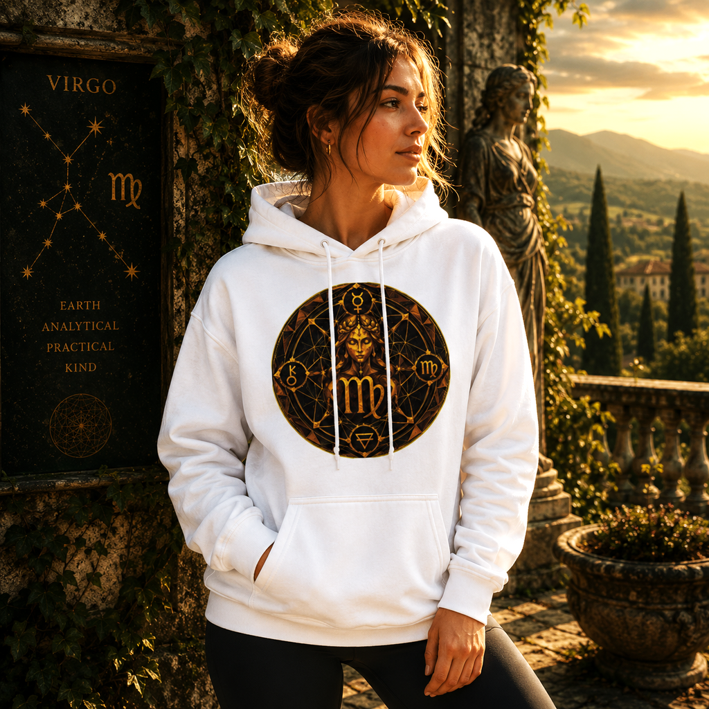 Mujer vistiendo hoodie blanco Geometría Virgo con ilustración de geometría sagrada inspirada en el signo zodiacal de Virgo
