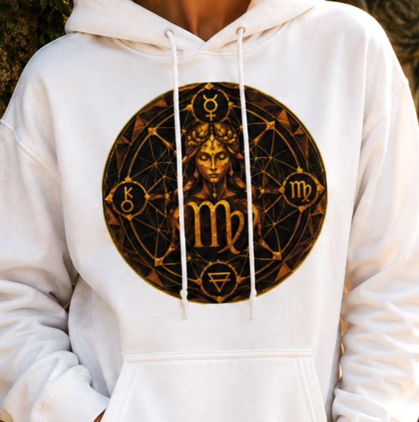 Primer plano del diseño Geometría Virgo sobre hoodie blanco con símbolo zodiacal y composición geométrica