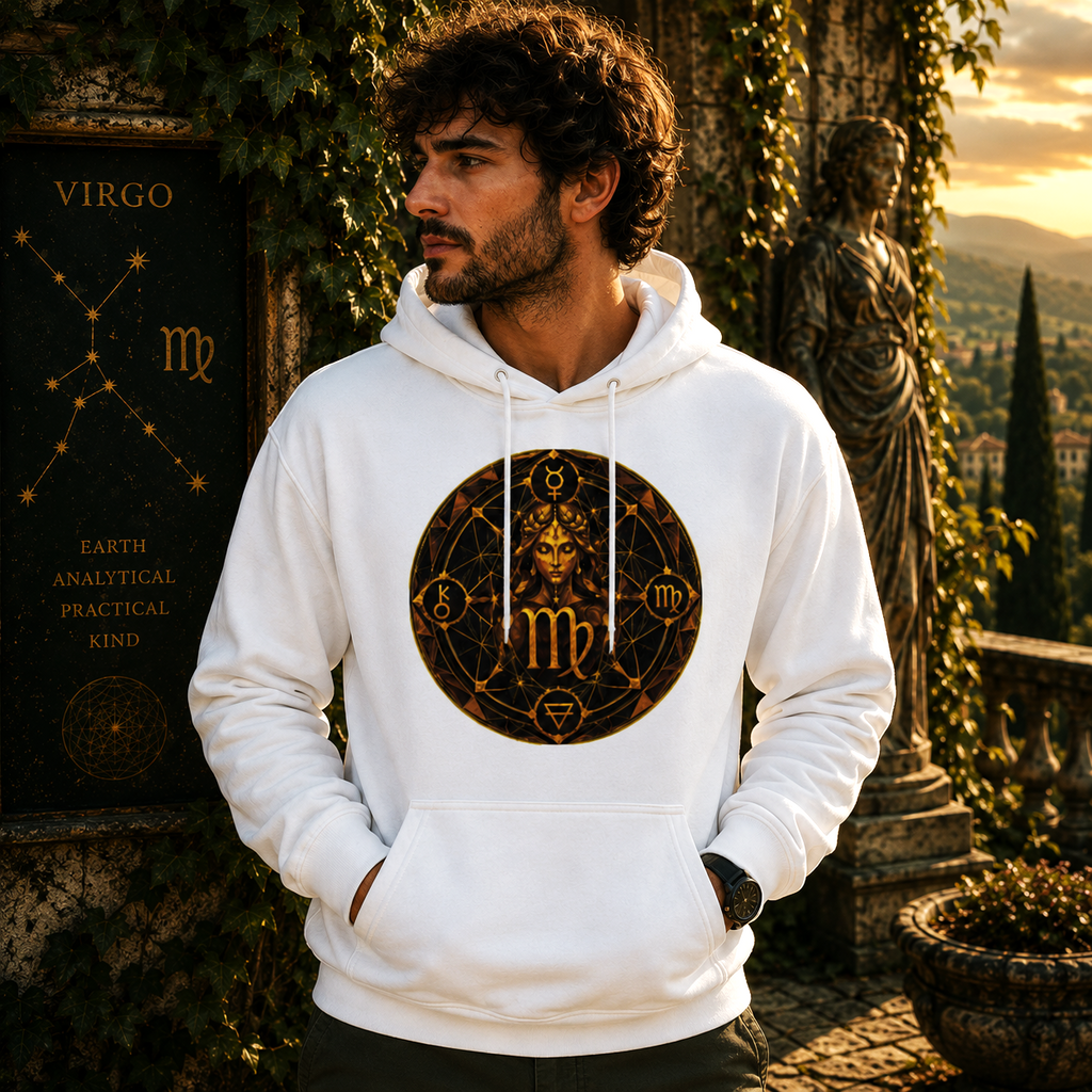 Hombre con hoodie blanco Geometría Virgo de Astrálisis luciendo un diseño exclusivo basado en la geometría sagrada