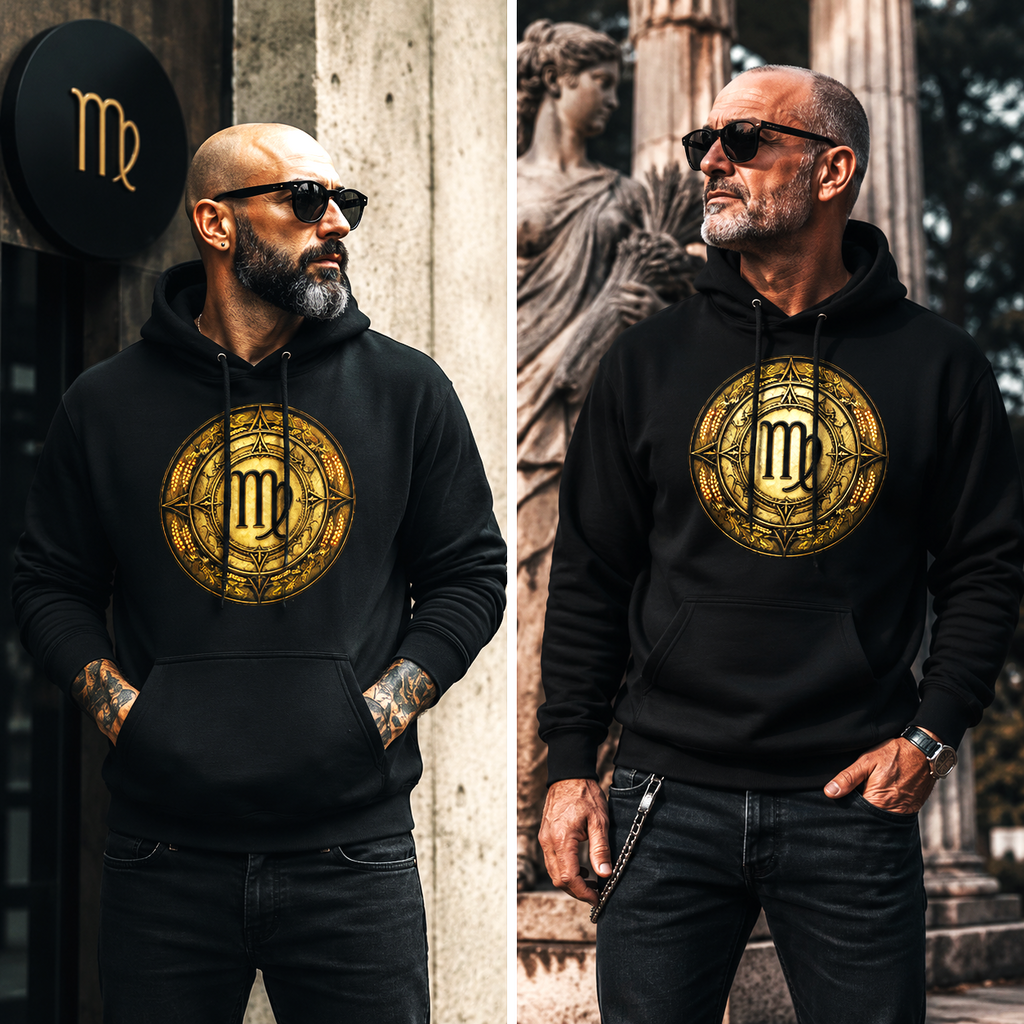 Hombres vistiendo hoodie negro Virgo Fertilidad con diseño dorado inspirado en las espigas y el símbolo zodiacal de Virgo