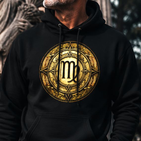 Primer plano del diseño Virgo Fertilidad sobre hoodie negro con espigas doradas y geometría sagrada