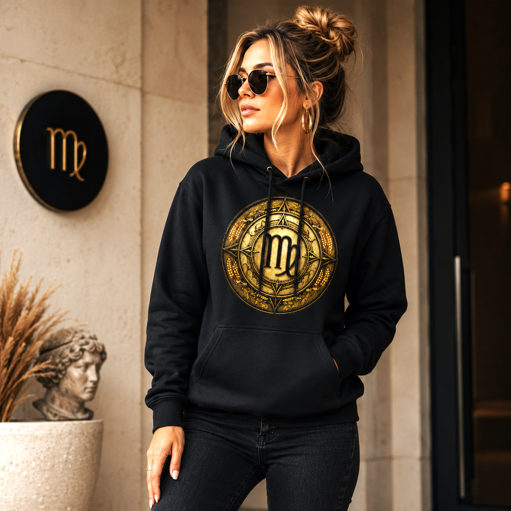 Mujer vistiendo hoodie negro Virgo Fertilidad con diseño artístico exclusivo de Astrálisis