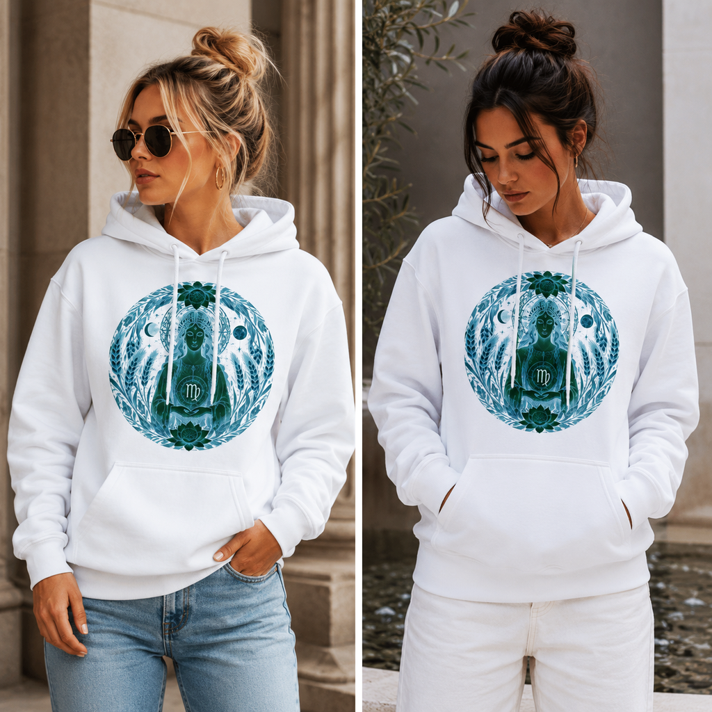 Mujeres vistiendo hoodie blanco Sacerdotisa Virgo con ilustración artística inspirada en la sabiduría, la naturaleza y el signo zodiacal de Virgo
