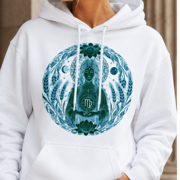 Detalle del diseño Sacerdotisa Virgo en hoodie blanco con ilustración simbólica, geometría sagrada y elementos botánicos
