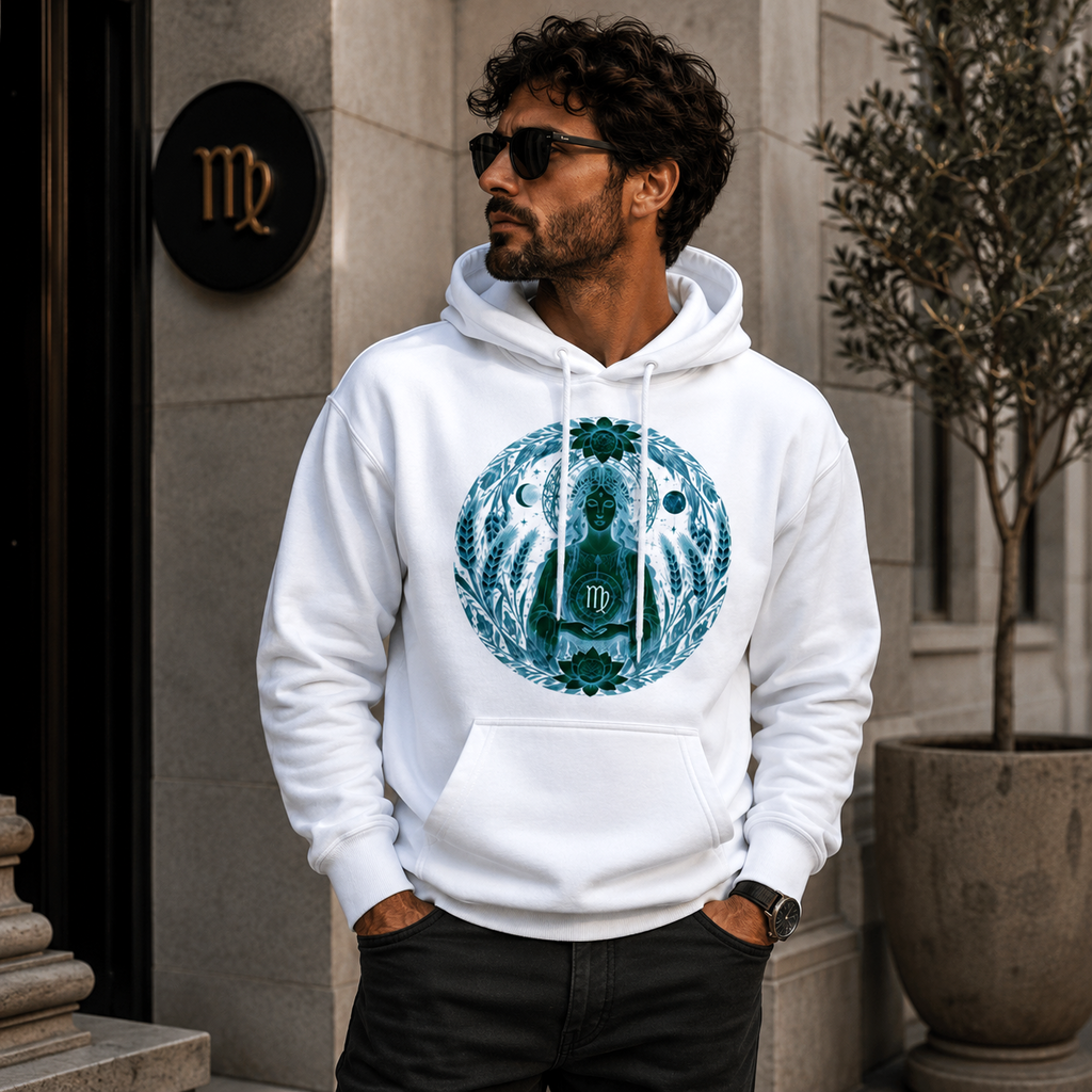 Hombre vistiendo hoodie blanco Sacerdotisa Virgo con diseño exclusivo de inspiración astrológica