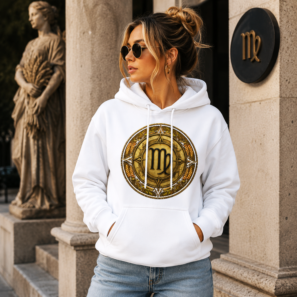 Mujer vistiendo hoodie blanco Virgo Fertilidad de Astrálisis en un ambiente elegante y luminoso