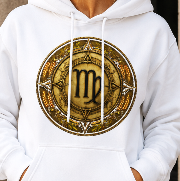 Primer plano del hoodie blanco Virgo Fertilidad con diseño dorado inspirado en espigas, geometría sagrada y el símbolo de Virgo