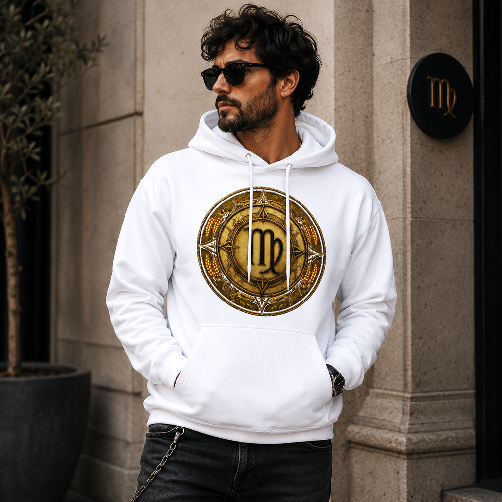 Hombre con hoodie blanco Virgo Fertilidad y diseño artístico inspirado en la abundancia y el signo de Virgo