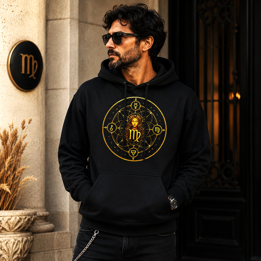 Hombre vistiendo hoodie negro Virgo Símbolos con diseño dorado inspirado en Mercurio y la geometría sagrada