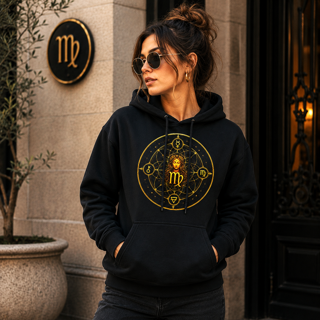 Mujer con hoodie negro Virgo Símbolos de Astrálisis en un ambiente elegante de inspiración mediterránea