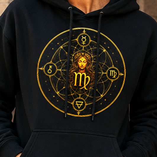 Primer plano del diseño Virgo Símbolos sobre hoodie negro con geometría sagrada y símbolos astrológicos