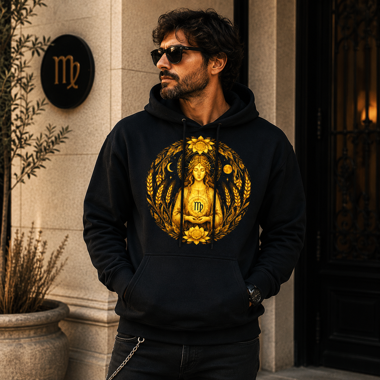 Hombre vistiendo hoodie negro Sacerdotisa Dorada Virgo de Astrálisis en un ambiente elegante y contemporáneo