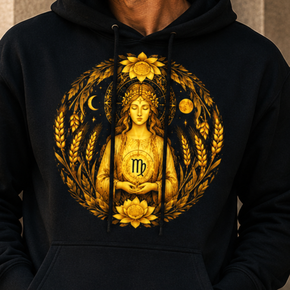 Primer plano del hoodie negro Sacerdotisa Dorada Virgo con ilustración artística dorada inspirada en la sacerdotisa y la geometría sagrada