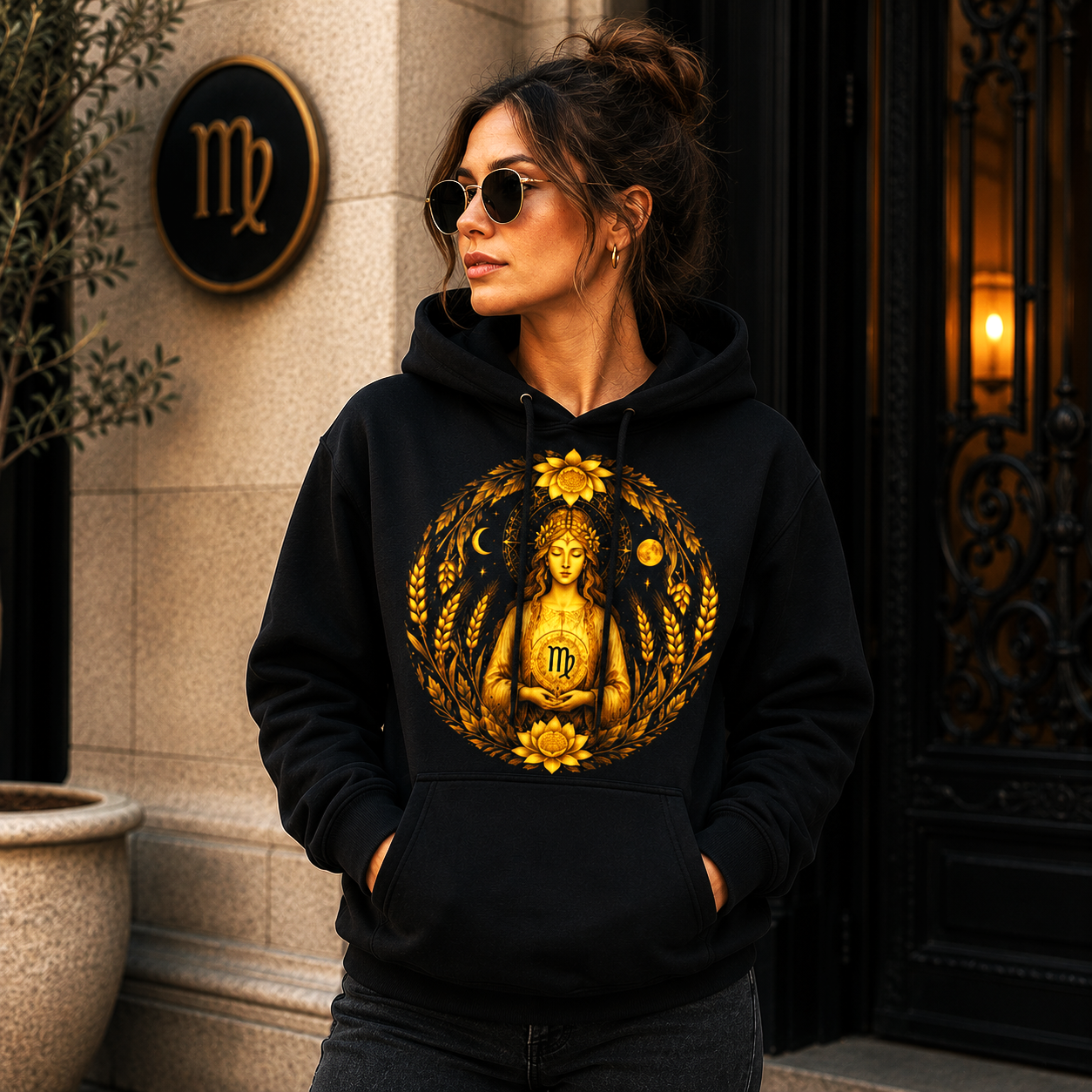 Mujer con hoodie negro Sacerdotisa Dorada Virgo luciendo un diseño artístico inspirado en la sabiduría y la naturaleza