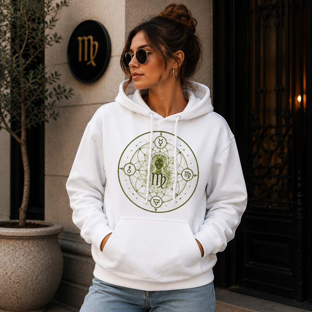 Mujer vistiendo hoodie blanco Virgo Símbolos de Astrálisis en ambiente mediterráneo elegante
