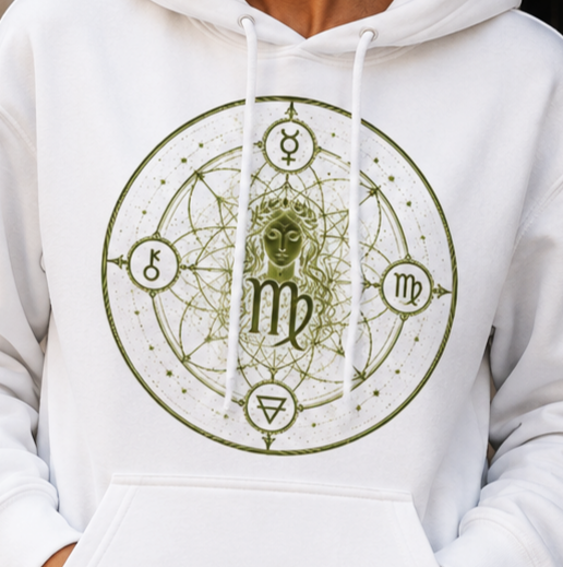 Primer plano del hoodie blanco Virgo Símbolos con geometría sagrada, símbolo de Virgo y Mercurio