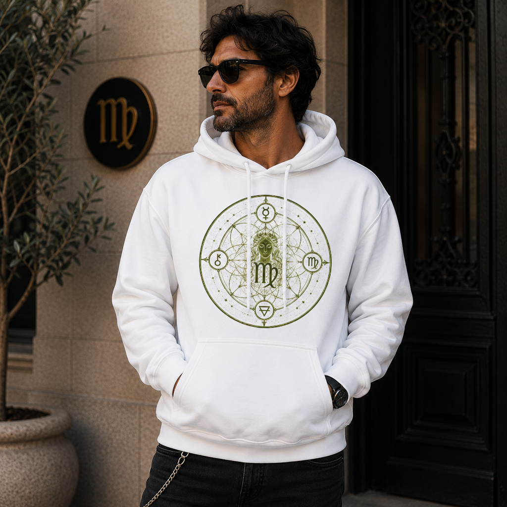 Hombre con hoodie blanco Virgo Símbolos y diseño inspirado en la geometría sagrada del signo de Virgo