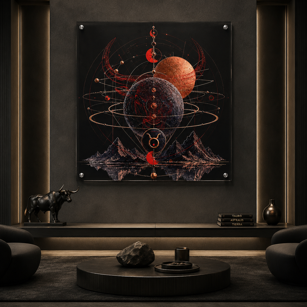 Cuadro acrílico Conjunción Tauro exhibido en interior contemporáneo con reflejos sobre superficie acrílica.