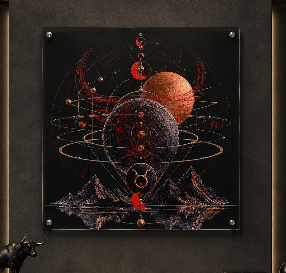 Arte mural Conjunción Tauro decorando un espacio elegante con inspiración astronómica y astrológica.